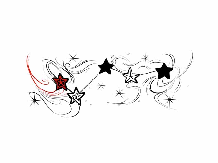 A row of stars connected by lines, surrounded by swirling lines and small starbursts with one star outlined in red, reflecting the intricate style of a tattoo studio in North Wales.
