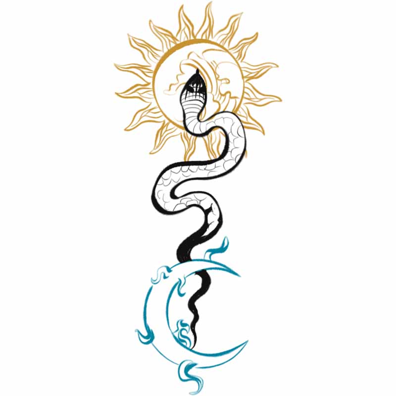 A line art illustration of a snake winding vertically through a gold sun and a blue crescent moon, inspired by the style of a tattoo studio in North Wales.