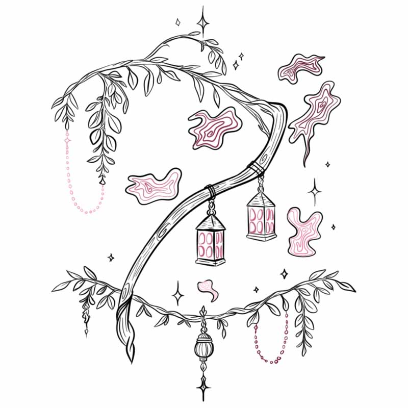 Line drawing of a curved, leafy branch draped with lanterns, beaded chains, and abstract pink-accented shapes, reminiscent of the style at a tattoo studio in North Wales.