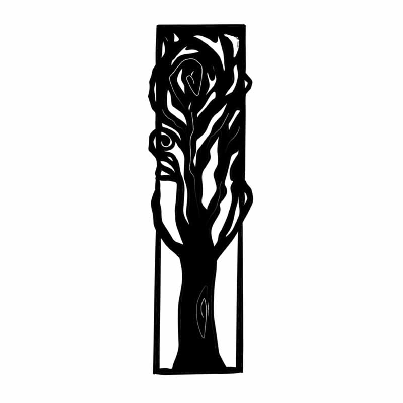 A black silhouette of a tree enclosed in a narrow rectangular frame, reminiscent of designs found at a tattoo studio in North Wales.