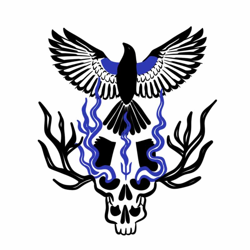 A stylized illustration of a black bird with blue wing accents flying above a skull with antlers, with blue smoke rising from the eye sockets, in the style of a tattoo studio in North Wales.