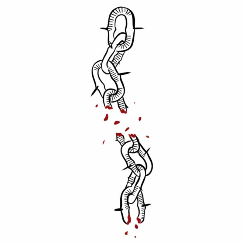 A broken chain wrapped in barbed wire with blood dripping from the fractured ends, a design often requested at a tattoo studio in North Wales.