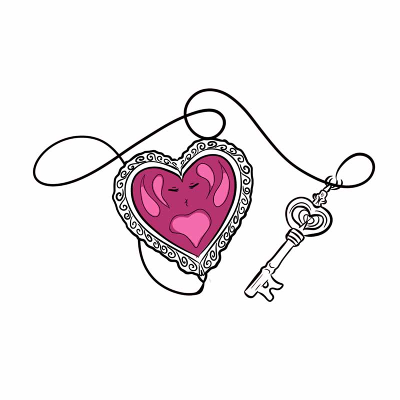 A pink heart-shaped locket with a closed-eye face illustration and an ornate metal key on a black string, reminiscent of designs from a North Wales tattoo studio.