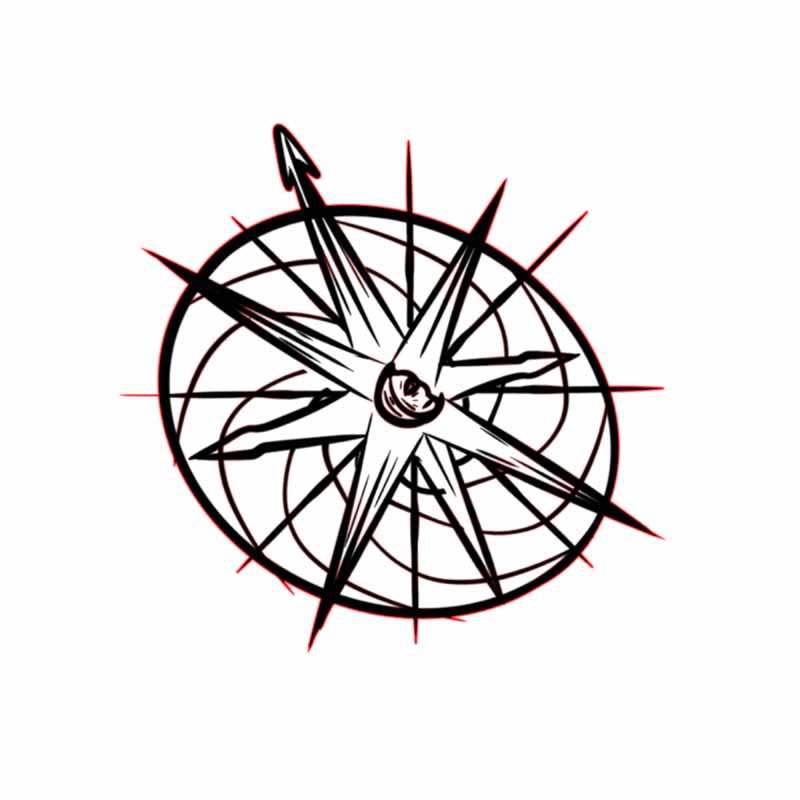 A black and white line drawing of a compass rose with a small eye at its center, typical of designs from a tattoo studio in North Wales.