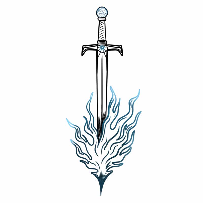 A line-art illustration of a sword with a blue-and-white pommel and crossguard, with the blade engulfed in blue flames, in the style of a North Wales tattoo studio.