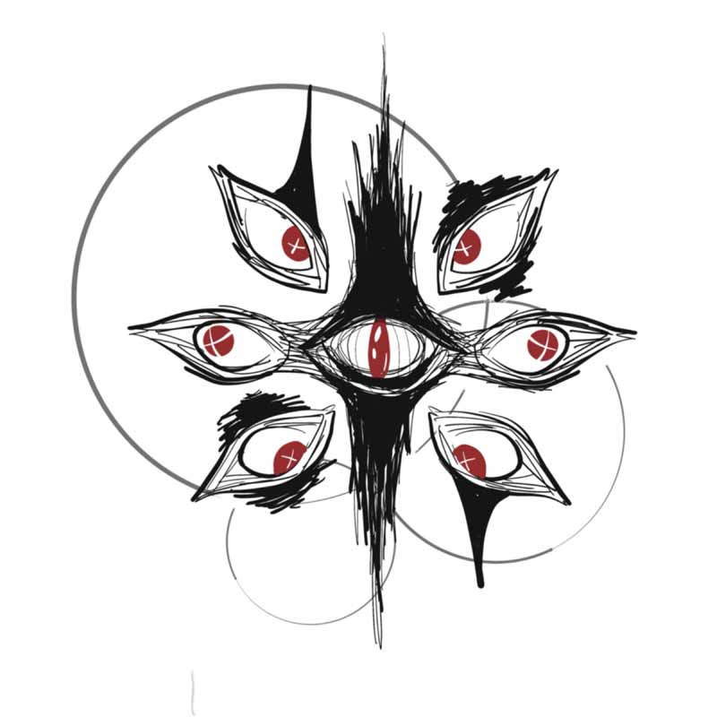 A stylized black ink drawing of six eyes in a radial pattern around a central eye, all with red cross-pupil irises against overlapping gray circles, representing the intricate aesthetic of a tattoo studio in North Wales.