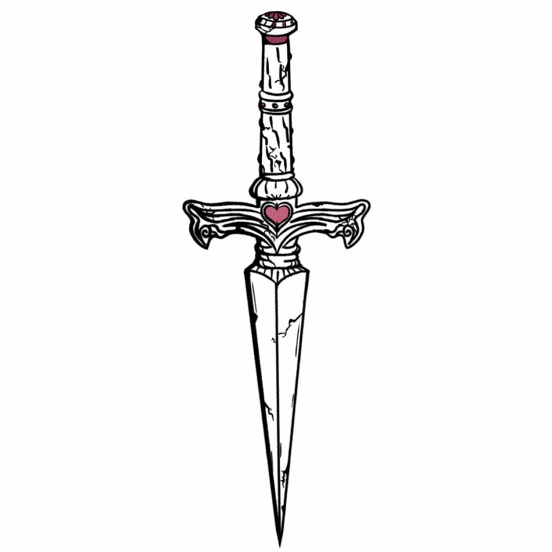A weathered dagger with a heart-shaped emblem on the crossguard, styled as if for a tattoo studio in North Wales.