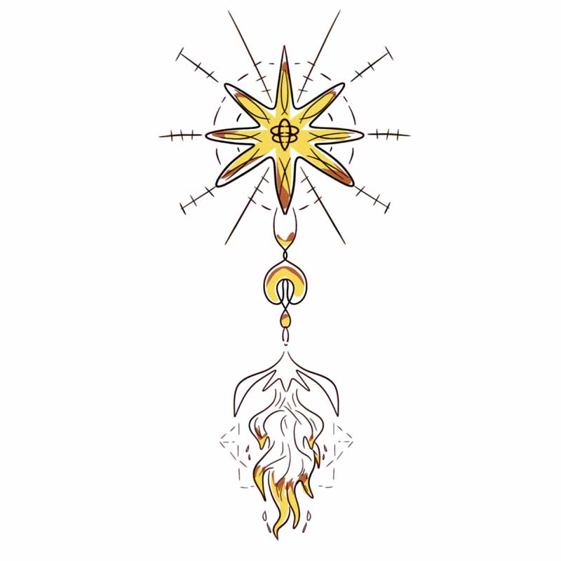 Line art tattoo design from a North Wales tattoo studio, featuring a yellow, eight-pointed star at the top, a central crescent shape, and a flame-like motif at the bottom.