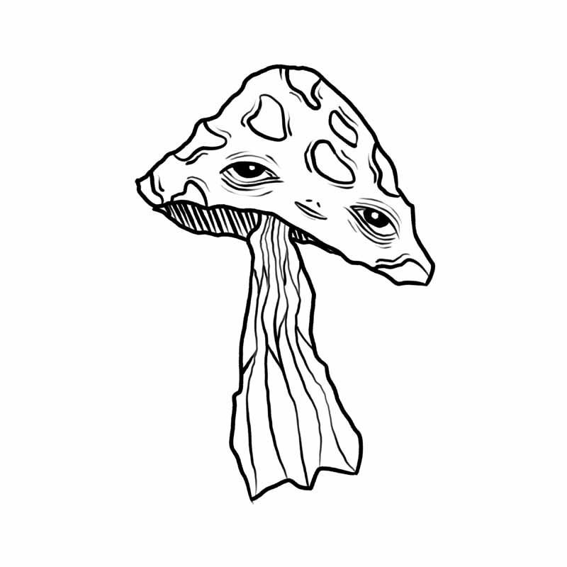 Black and white line drawing of a mushroom with two human eyes on its cap, in the style of a North Wales tattoo studio.