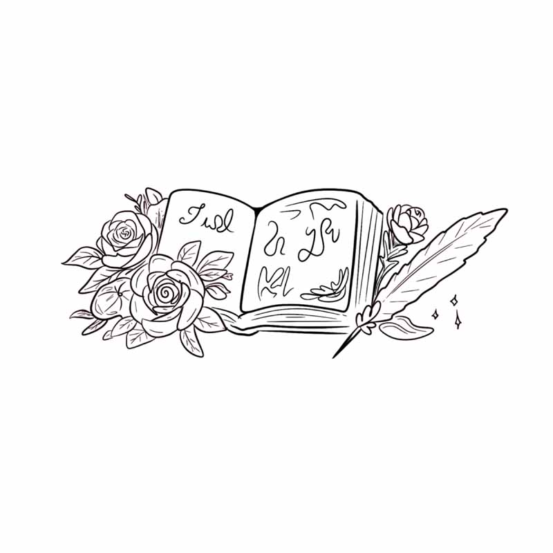 Black and white line art of an open book surrounded by roses and a quill pen, with illegible script on the pages, style reminiscent of a tattoo studio in North Wales.