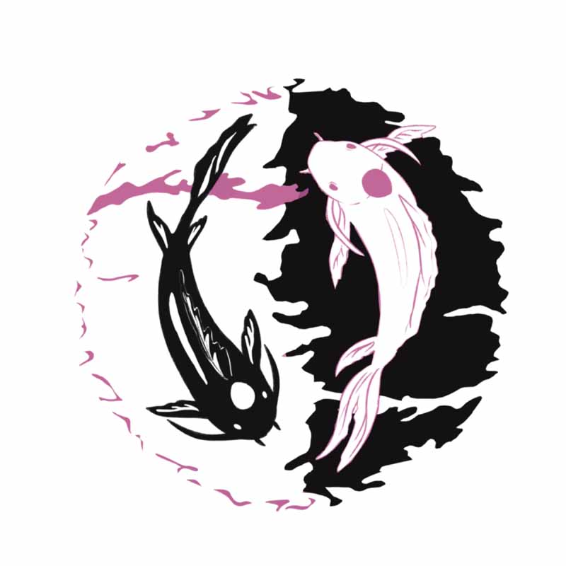 A black and white koi fish design arranged in a yin-yang symbol, captured by a tattoo studio in North Wales.
