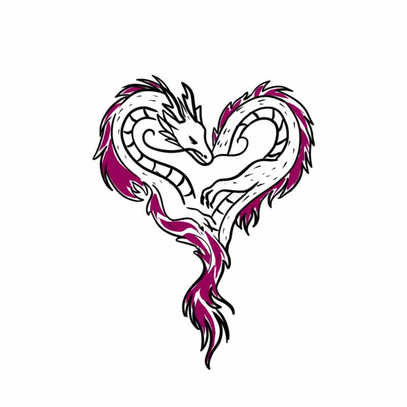 Two white dragons with magenta accents curve their bodies into a heart shape, a design reminiscent of custom ink from a tattoo studio in North Wales.