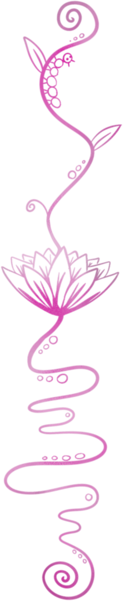 A vertical line drawing of a lotus flower with a swirling, vine-like stem decorated with small circles, in the style of a tattoo studio in North Wales.