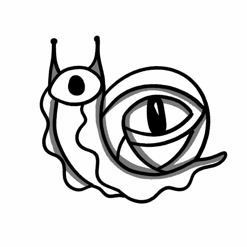 A black and white line drawing of a snail in the style of a North Wales tattoo studio, where its eye stalk and shell are replaced by stylized human eyes.