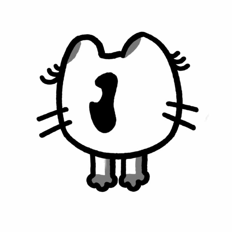 A simple line drawing of a round character with eyelashes, whiskers, and two small feet, in the style of a North Wales tattoo studio design.