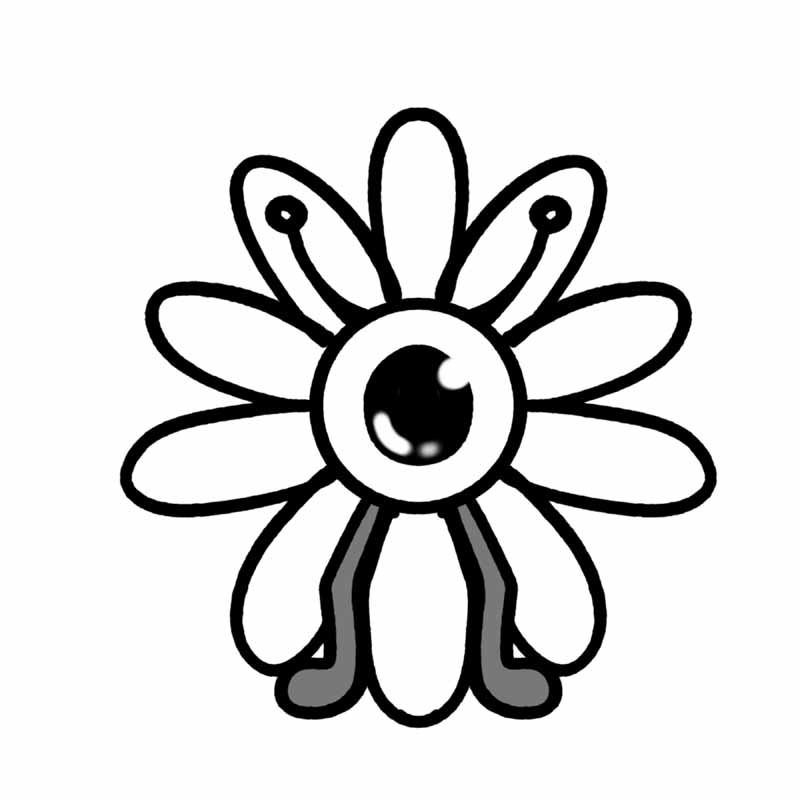 A line-art drawing of a flower character with a large central eye and two small grey legs, created at a tattoo studio in North Wales.