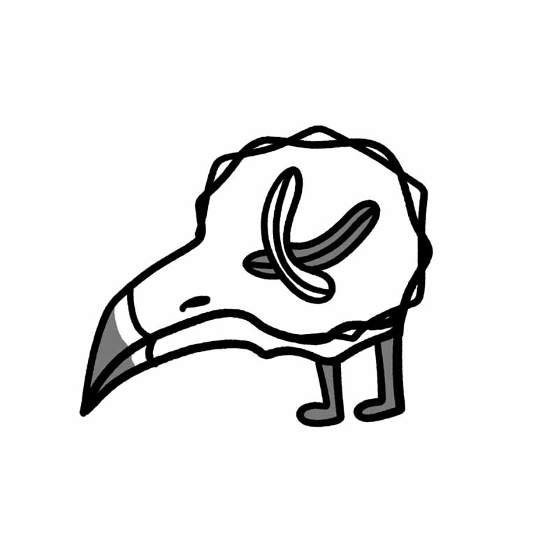 A line-art drawing of a stylized bird skull with two small legs and a crossed-out symbol on its side, in the style of a North Wales tattoo studio.