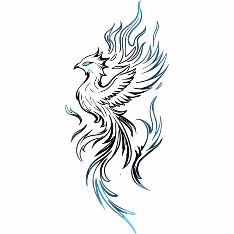 Line drawing of a phoenix with blue-tipped feathers and bright blue eyes, surrounded by stylized flames, in the style of a tattoo studio in North Wales.