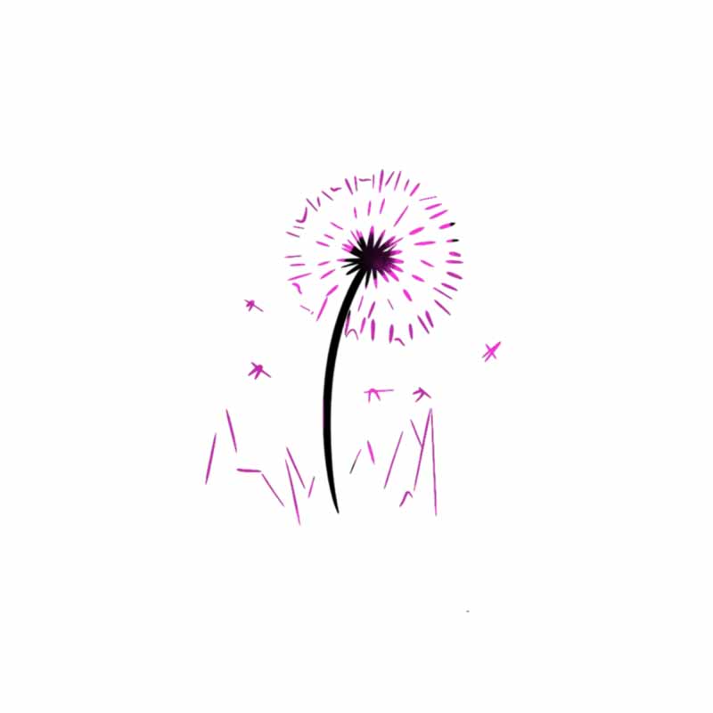A purple line-drawing of a dandelion with seeds blowing away, similar to the designs at our tattoo studio in North Wales.