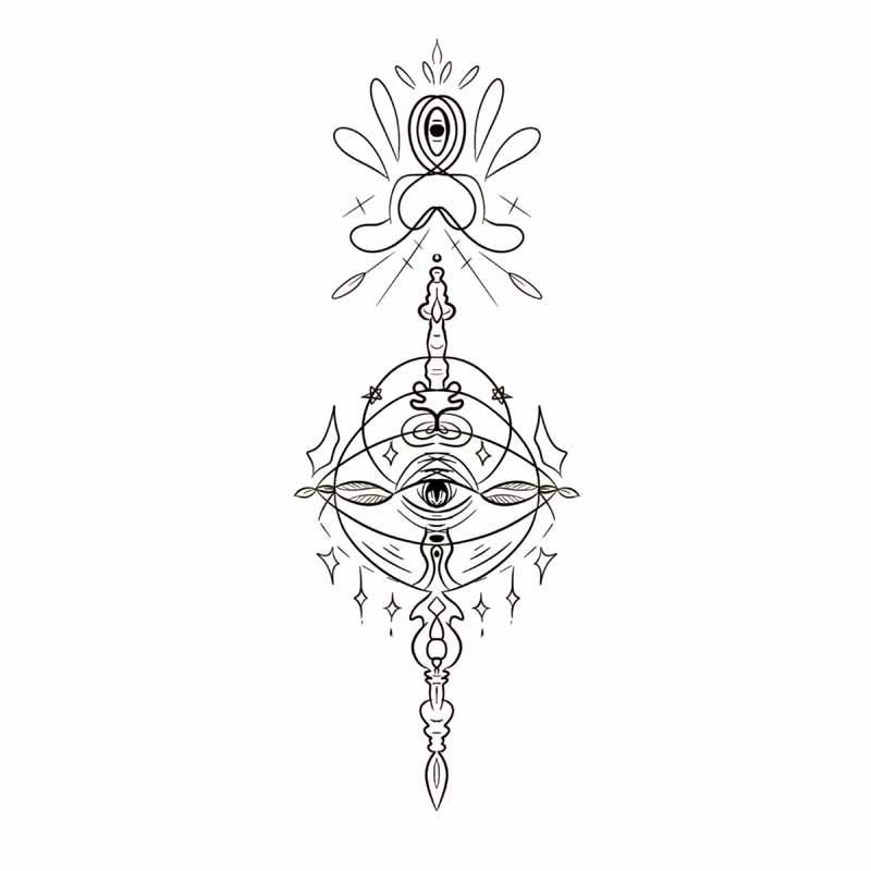 Line art design featuring a central eye surrounded by geometric and celestial shapes, topped with a meditative figure silhouette, perfect for a tattoo studio in North Wales.