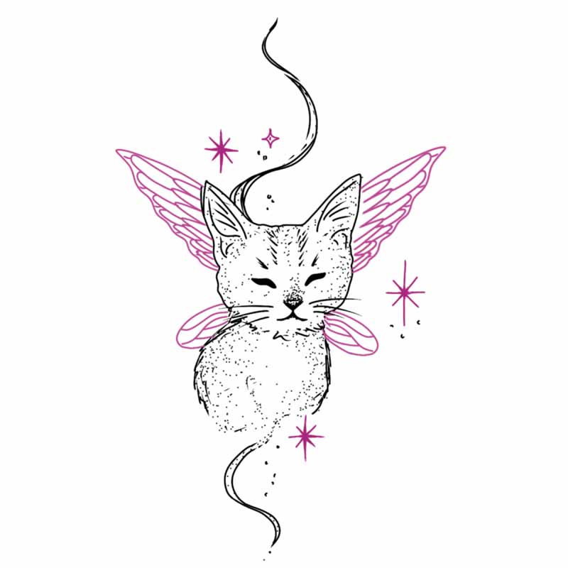 Line drawing of a cat with fairy wings and pink star accents, in the style of a tattoo studio in North Wales.