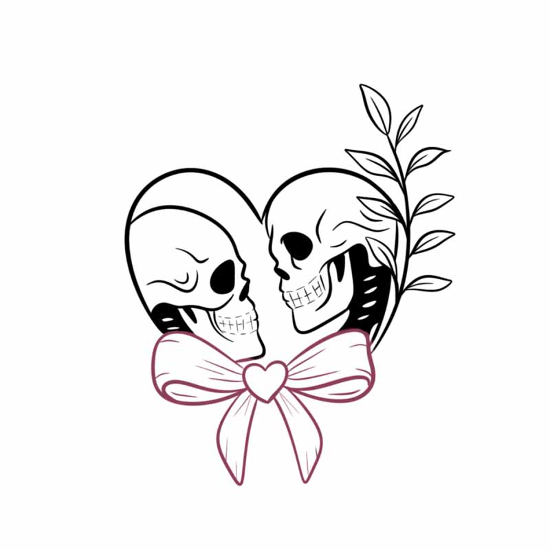Two skulls facing each other, outlined to form a heart shape with a pink bow at the base and a sprig of leaves on the side, in a style popular at our tattoo studio in North Wales.