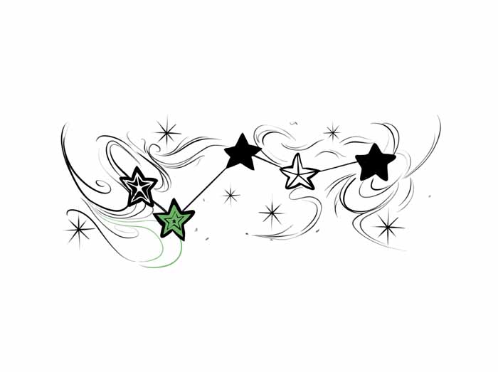 A constellation of five stars connected by lines, surrounded by swirling lines and starburst accents, showcasing a design from a tattoo studio in North Wales.