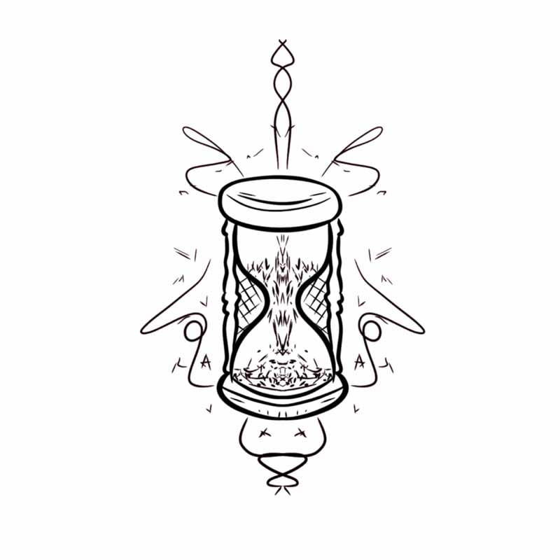 Black and white line art of an hourglass surrounded by abstract decorative swirls and geometric accents, in the style of a tattoo studio in North Wales.