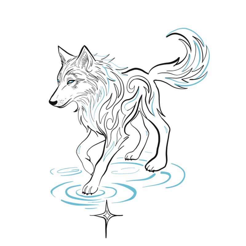 Line drawing of a wolf with swirling patterns on its body, standing in a pool of water with a star symbol underneath, reflecting the artistry of a tattoo studio in North Wales.