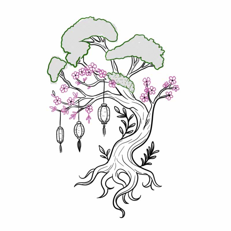 A stylized black and white ink drawing of a tree with pink blossoms and three hanging paper lanterns, typical of art seen at a tattoo studio in North Wales.