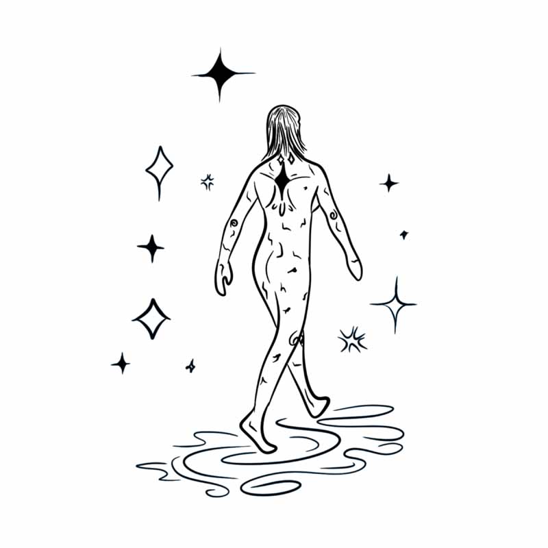 A line drawing of a person walking across a rippling surface, surrounded by star symbols, in the style of a tattoo studio in North Wales.