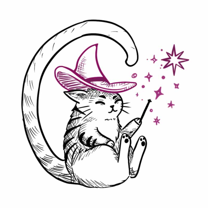 A line-art illustration of a cat wearing a wizard hat and holding a magic wand, surrounded by floating purple stars, reminiscent of the style at a tattoo studio in North Wales.