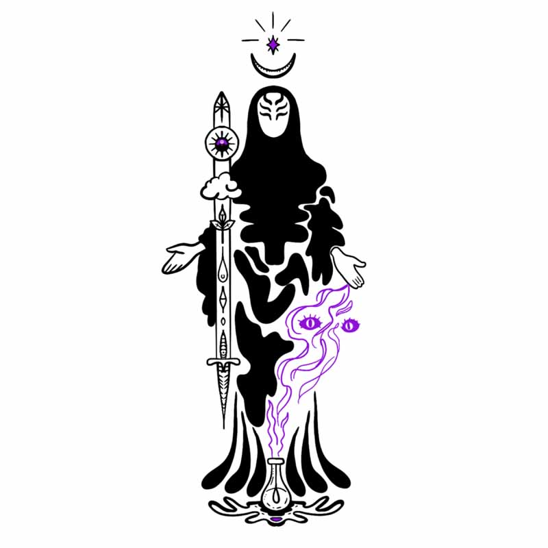 A stylized illustration of a hooded figure holding a sword, with a crescent moon above and purple mystical energy rising from a vial at the base, reflecting the artistry of a tattoo studio in North Wales.