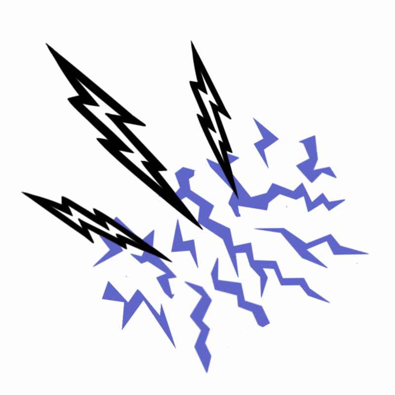 Three black lightning bolts strike a cluster of purple jagged shapes in this design from a tattoo studio in North Wales.