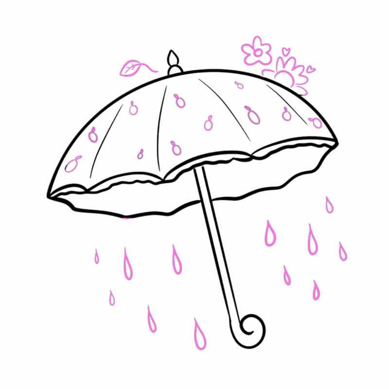 A line drawing of an umbrella with pink raindrops and small flowers, in the style of a tattoo studio in North Wales.