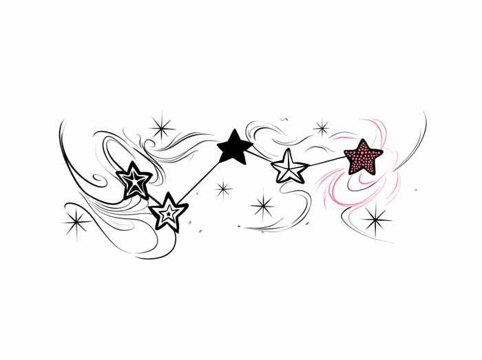 A line drawing of five connected stars surrounded by swirling flourishes and sparkling accents, reflecting the creative style of a tattoo studio in North Wales.