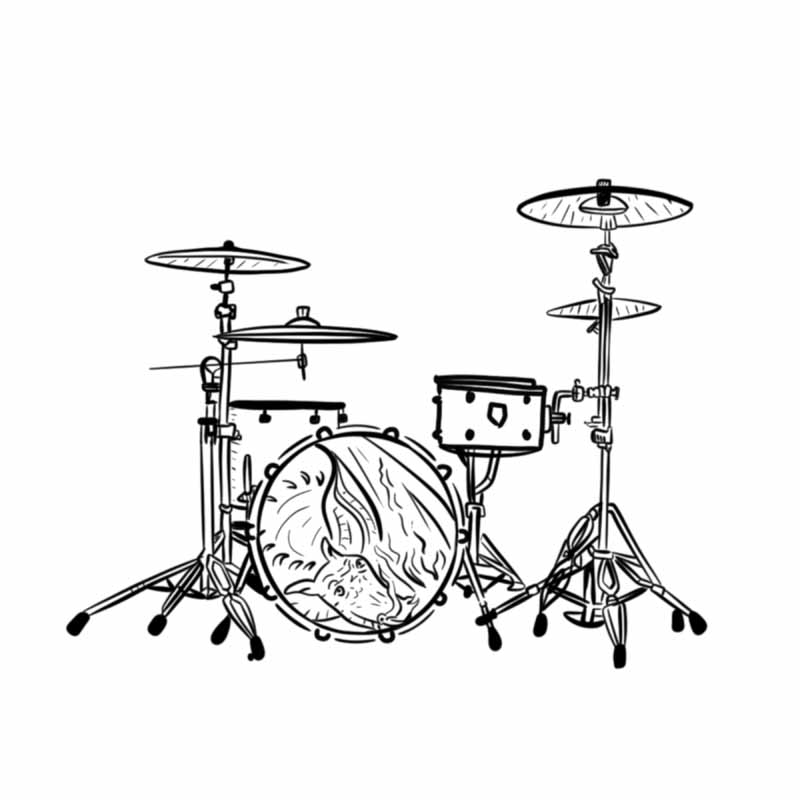 Black and white line drawing of a drum kit featuring an illustration of a goat on the bass drum head, in the style of a North Wales tattoo studio.