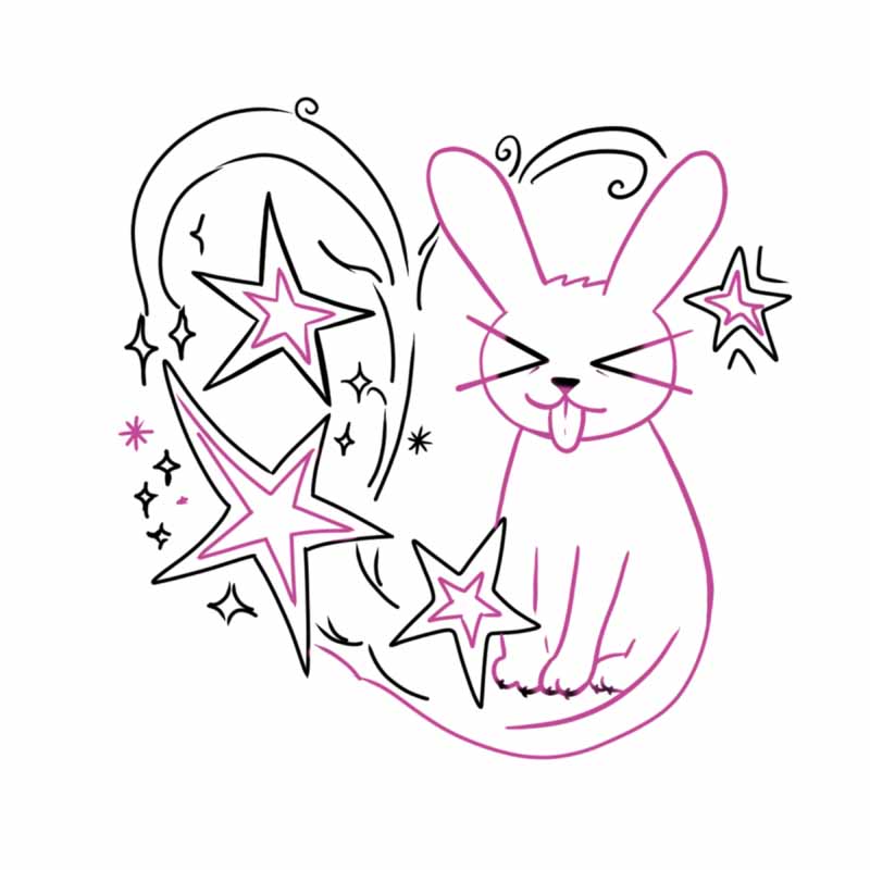 Line drawing of a playful cat with its tongue sticking out, surrounded by stars and sparkles, in the style of a North Wales tattoo studio.