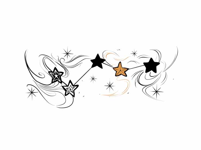 A constellation of five stars connected by lines, surrounded by swirling lines and small starbursts in a style typical of a tattoo studio in North Wales.