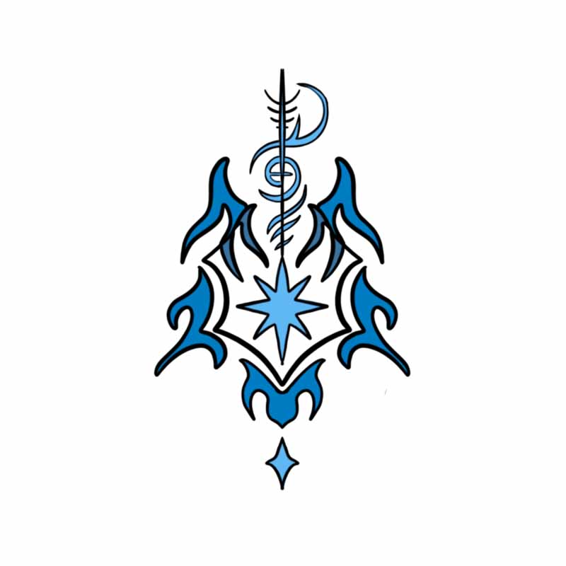A symmetrical emblem for a tattoo studio in North Wales, featuring a central eight-pointed star surrounded by blue tribal-inspired flame shapes, topped with an arrow and a crescent moon.