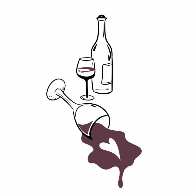 A wine bottle, an upright glass, and a tipped-over glass spilling a puddle with a heart-shaped negative space, captured in a style often seen at a North Wales tattoo studio.