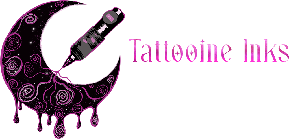 Logo for Tattooine Inks, a tattoo studio in North Wales, featuring a pink and black crescent moon dripping ink, with a tattoo machine drawing on the moon and the slogan The Ink Youre Looking For.