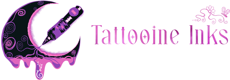 Logo for Tattooine Inks, a tattoo studio in North Wales, featuring a crescent moon dripping pink liquid and a tattoo machine, surrounded by decorative floral line art.