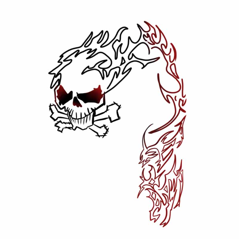 A line art graphic of a flaming skull and crossbones transitioning into a swirling tribal design, representing the style of a tattoo studio in North Wales.