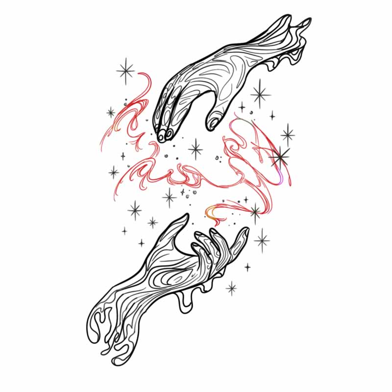 Line art of two hands reaching toward each other in a style seen at a tattoo studio in North Wales, surrounded by swirling red energy lines and small stars.