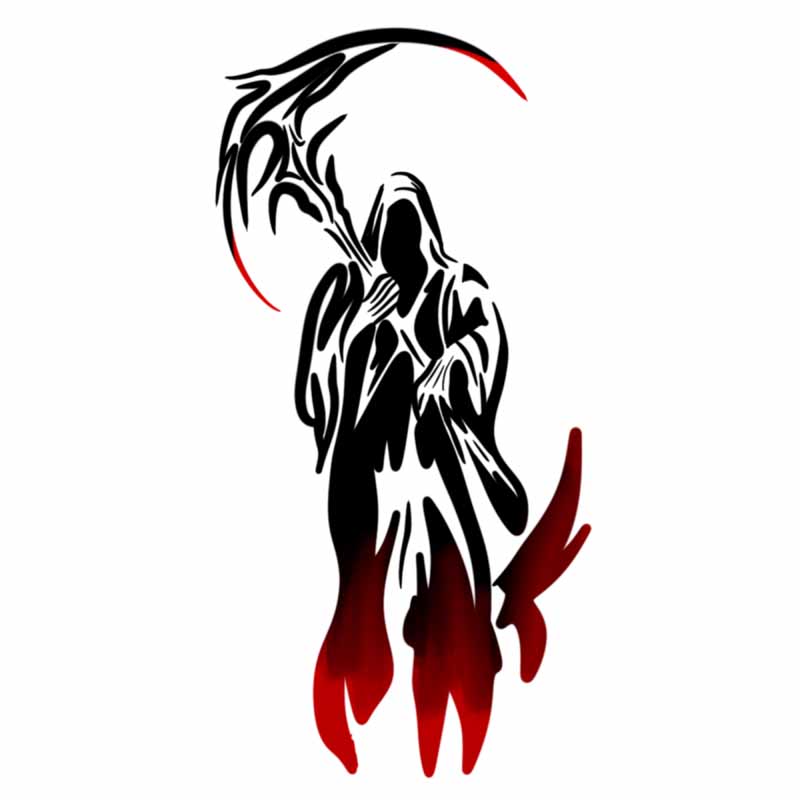 Tribal-style black and red silhouette of the Grim Reaper holding a scythe, as seen at a tattoo studio in North Wales.