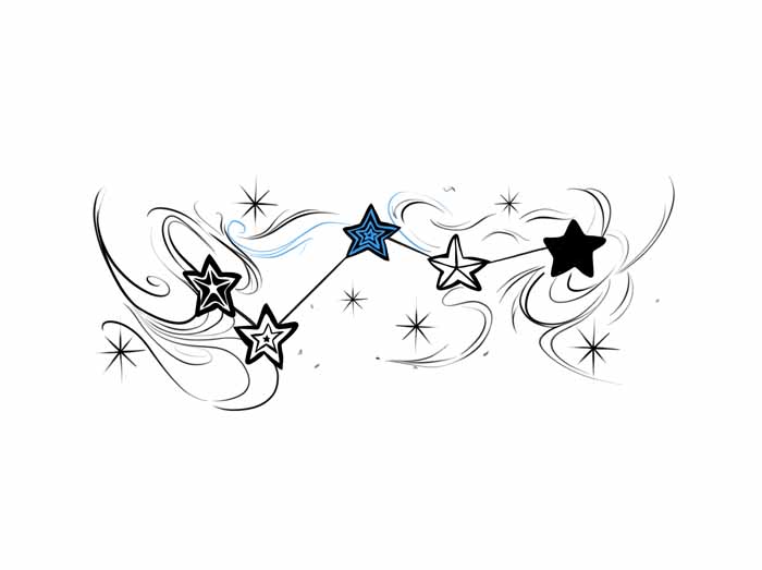 A constellation of five stars connected by lines, surrounded by swirling lines and small star icons, presented as a design by a tattoo studio in North Wales.