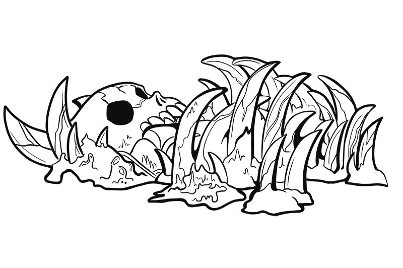 Black and white line art of a human skull partially buried among large, jagged spikes, reflecting the bold style found at a tattoo studio in North Wales.