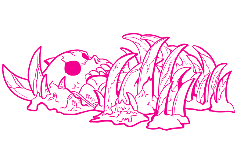 A pink line art illustration of a skull surrounded by sharp, jagged spikes, in the style of a tattoo studio in North Wales.