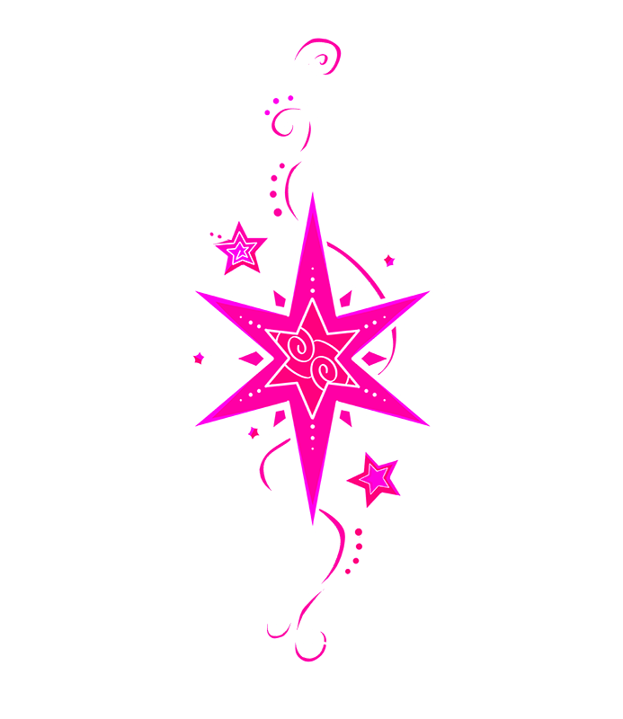 A large pink six-pointed star surrounded by smaller stars and swirling decorative lines, typical of designs from a tattoo studio in North Wales.